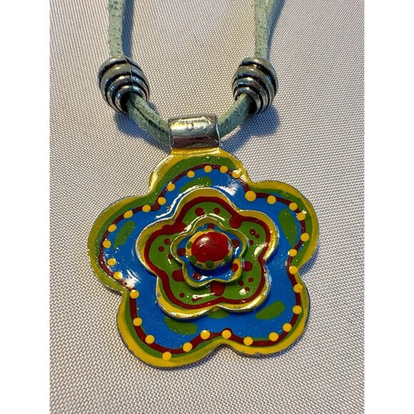 Colorful Enamel Flower Pendant Necklace on Green Cord Boho Retro Festival Jewelr - Picture 1 of 9